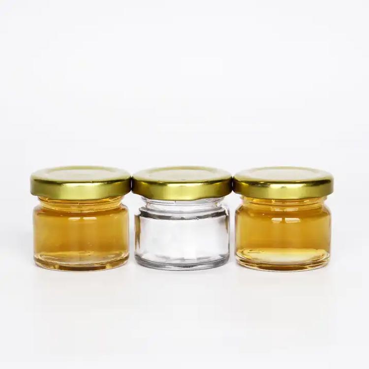High quality clear 15ml 20ml glass mini honey jars with metal screw lids