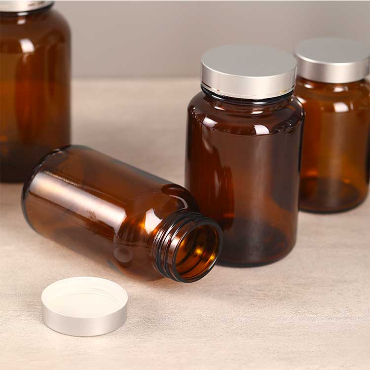 Wide mouth 2oz 4oz amber glass pill bottles with aluminum lined caps