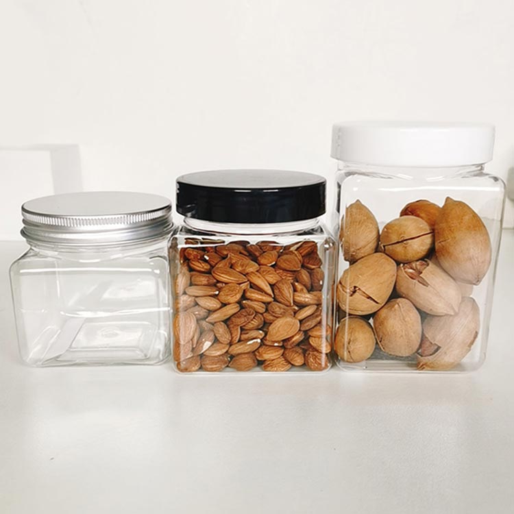 Bulk sale clear square 500ml plastic food jars with screw lids