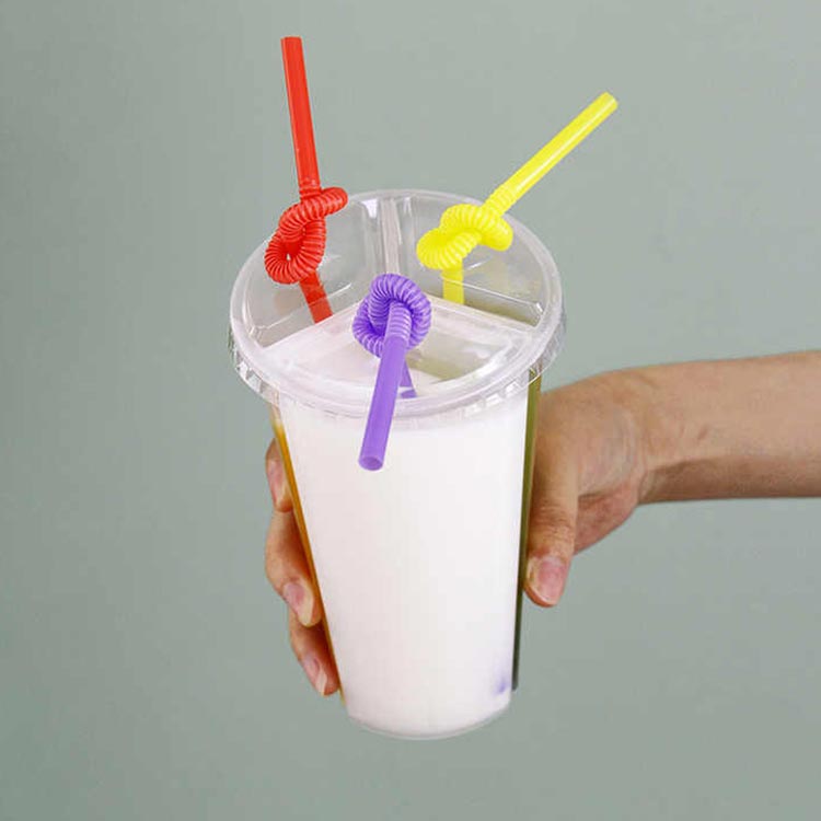 Food grade clear 500ml  plastic split cups with straws for bubble tea drinks