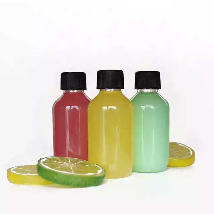 Custom sizes and shapes 60ml clear biodegradable juice bottles with screw caps