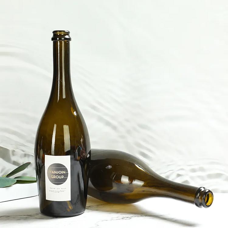 Unique design round 750ml glass dark green wine bottles with cork
