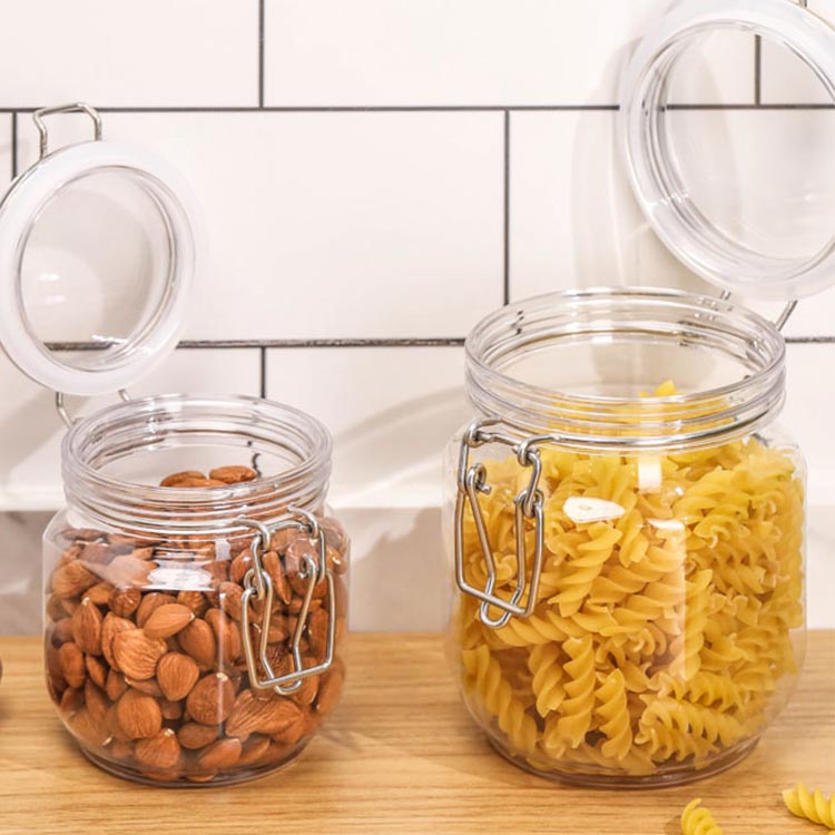 Wide mouth clear 750ml plastic airtight jars with hinged lids