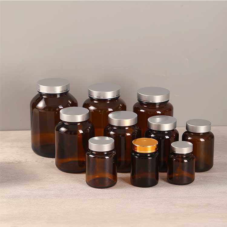 Wide mouth 2oz 4oz amber glass pill bottles with aluminum lined caps