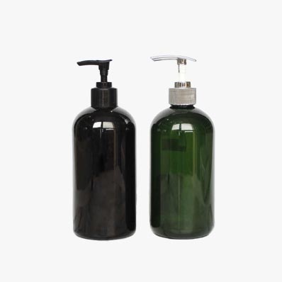 Boston round 16oz amber plastic pump bottles for shampoo