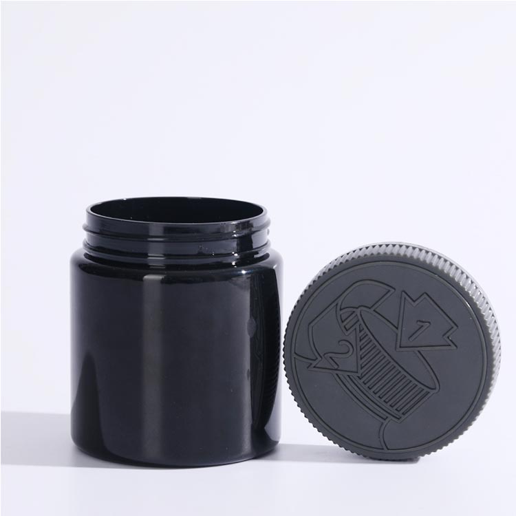 Wide mouth black round 220ml plastic weed jar with pressure sensitive lid