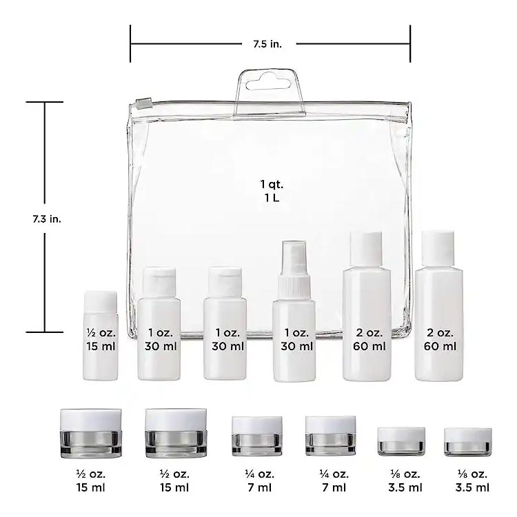 Refillable cosmetic sets clear mini plastic travel size bottles with caps for liquids/creams