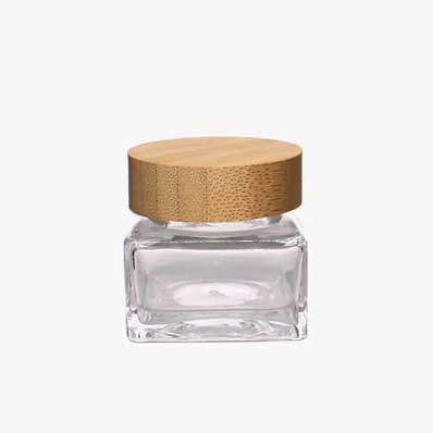 Skincare clear square 10g glass cream storage jars with wooden lids bulk