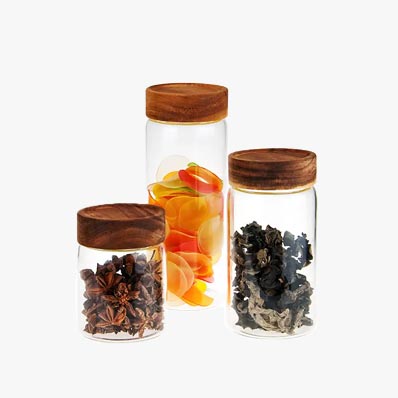 Wholesale airtight clear 350ml food storage glass jar with wooden lid for kitchen