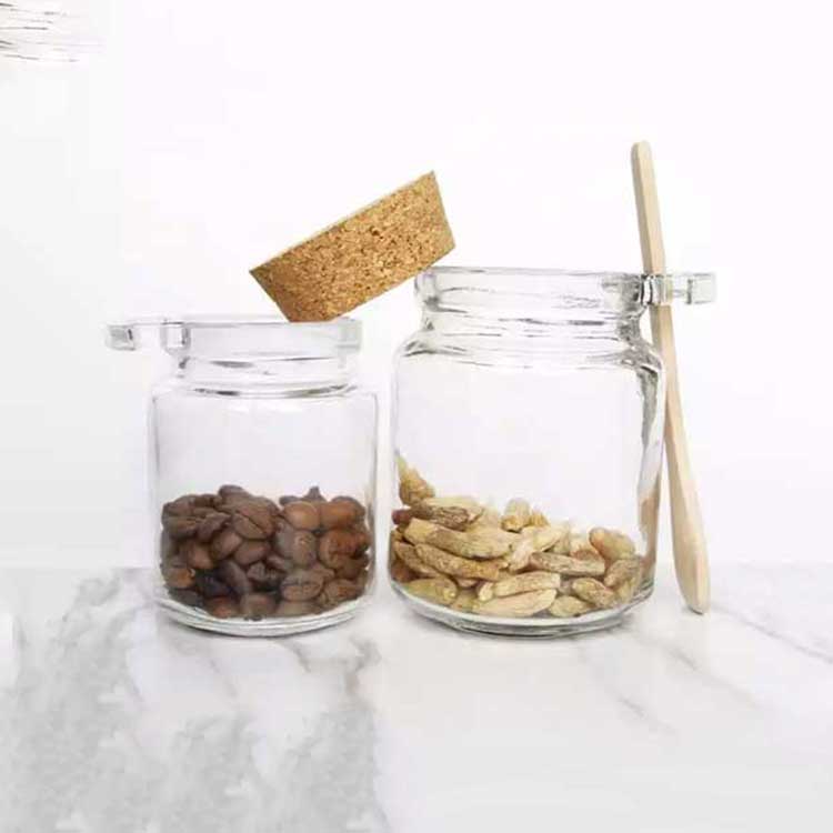 Wholesale clear round 250ml glass bath salt jar with spoon and corked lid