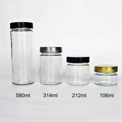 Wide mouth straight side 106/212/314ml glass bonta jars with metal screw lids bulk