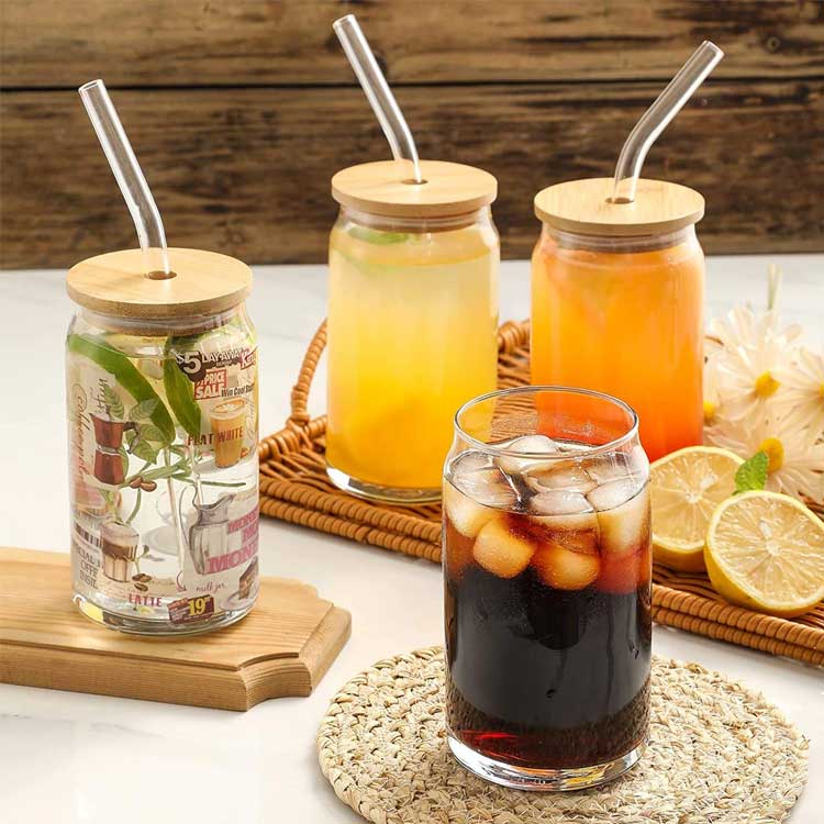 Bulk sale clear 16oz glass can cup with wooden lid and straw for beer/beverage