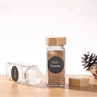 Custom label small 120ml square glass herb storage jars with bamboo lids