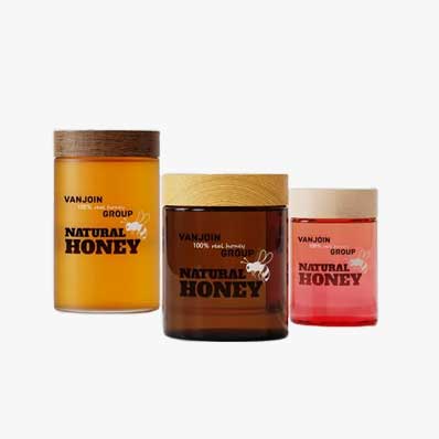 Clear cylinder 500ml glass honey jar with wooden lid and dipper bulk