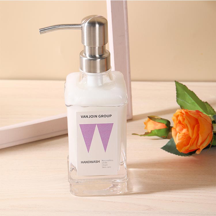 Luxury clear 300ml square glass lotion bottle with stainless steel pump