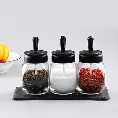 Unique design moisture proof elegant clear 12oz glass salt jar with spoon for kitchen