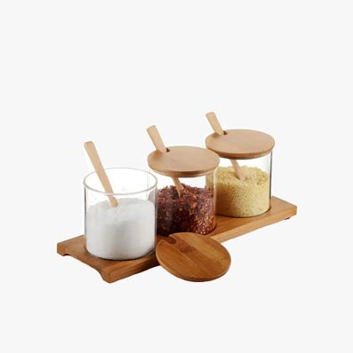 Stylish simple 300ml condiment storage glass spice jar set with spoons and bamboo lid