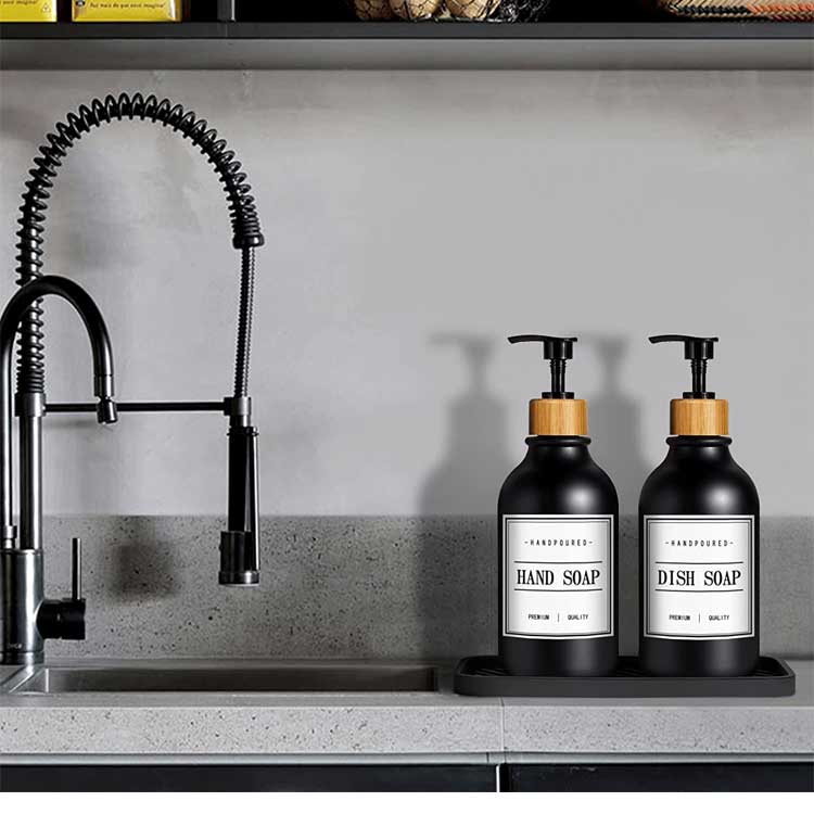 Custom empty 500ml black plastic bamboo pump bottle for Kitchen & Bathroom