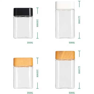 Factory price clear square 350ml 500ml plastic biscuit jars with bamboo lids