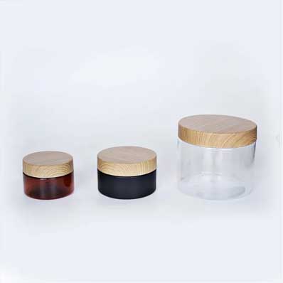 Frosted 250ml small amber plastic cream jar with bamboo lid
