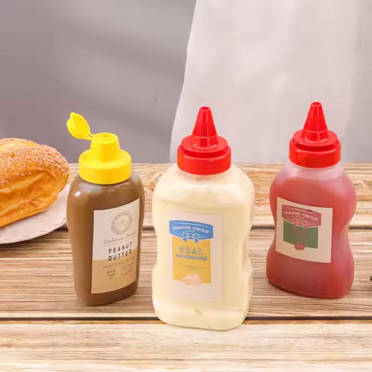 Custom empty squeezable 14oz plastic mustard and ketchup bottles with dispenser caps