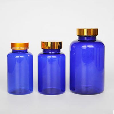Custom color blue plastic pharmacy bottles with child resistant caps