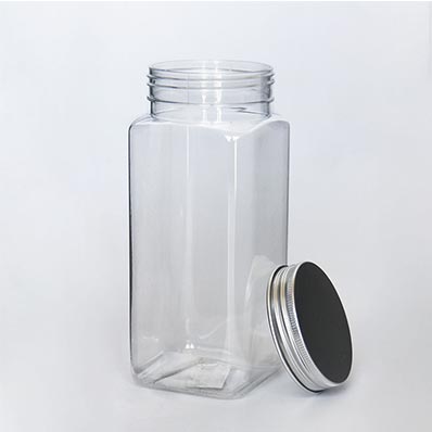 Clear 8oz square plastic storage jar with metal lid and gasket wholesale
