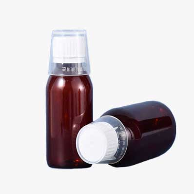 wholesale 100ml amber plastic syrup bottles with cap and measuring cup