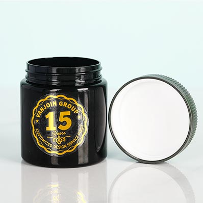 Wide mouth black round 220ml plastic weed jar with pressure sensitive lid