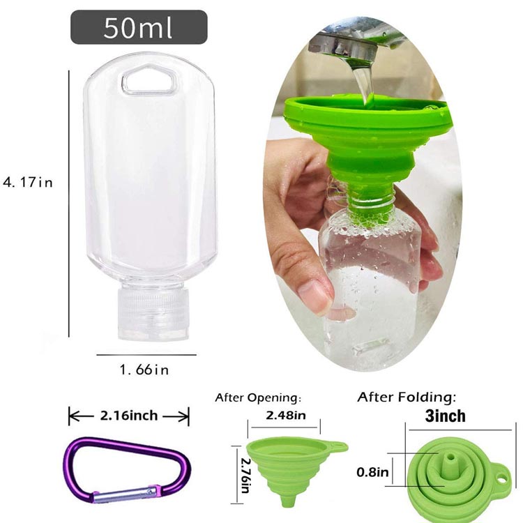 Travel size refillable 50ml plastic keychain bottles with flip top caps for lotions