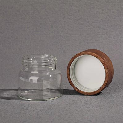 High borosilicate wide mouth small 100ml round glass jar with wooden screw lid