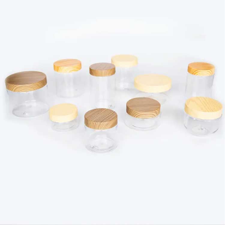 Frosted 250ml small amber plastic cream jar with bamboo lid