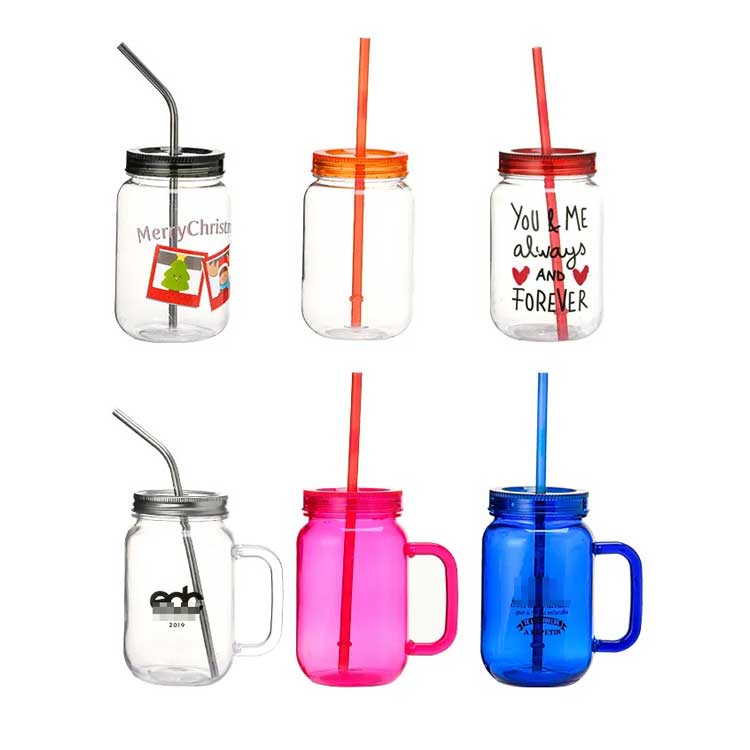 Bulk sale food grade 16oz plastic mason jars with handles and straws