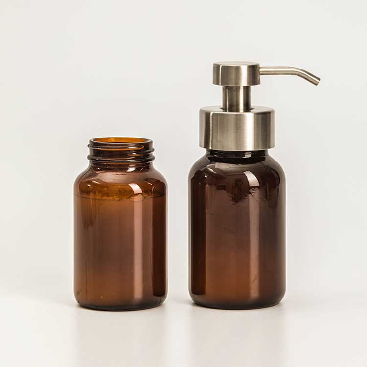 High quality 250ml amber glass soap bottle with metal dispenser for hand sanitizer/soap/liquor liquid