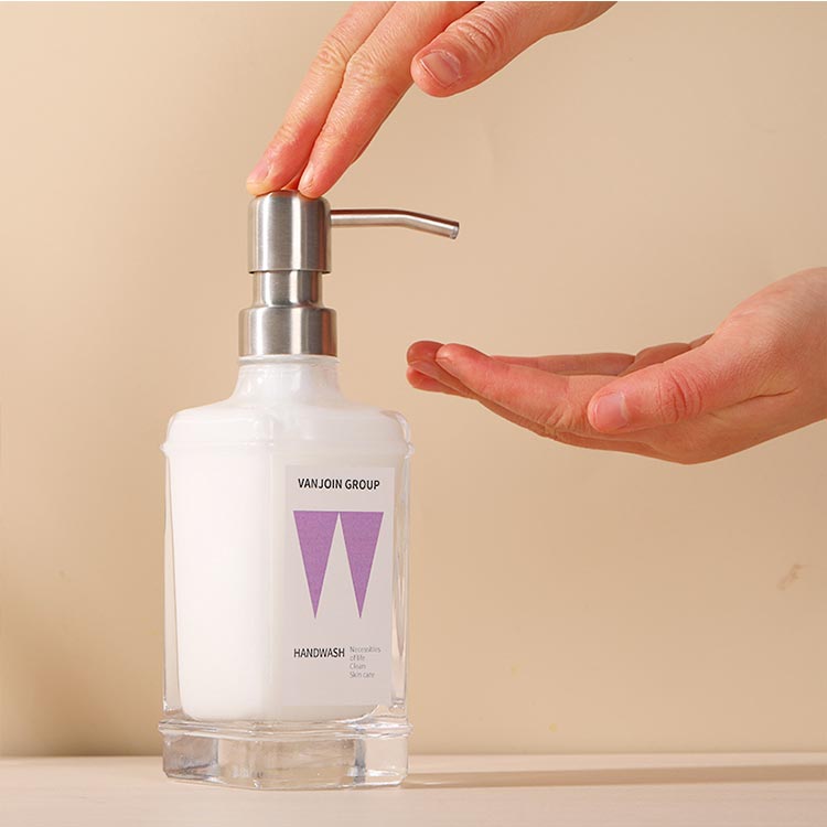 Luxury clear 300ml square glass lotion bottle with stainless steel pump