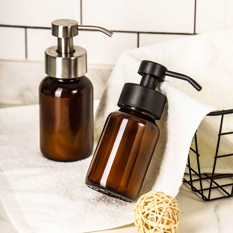 High quality 250ml amber glass soap bottle with metal dispenser for hand sanitizer/soap/liquor liquid