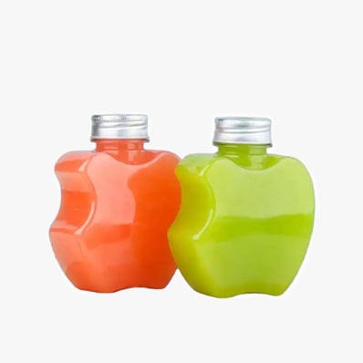 Custom clear 12oz apple shaped plastic juice bottles with caps from supplier