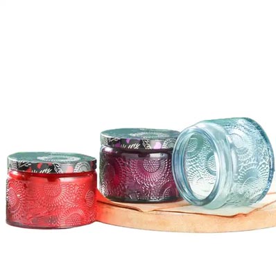 Luxury straight side private label 100ml 250ml embossed glass candle jars with lids for scented cand