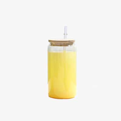 Custom clear reusable 16oz glass boba tea cups glass cans with bamboo lids and straws for juice