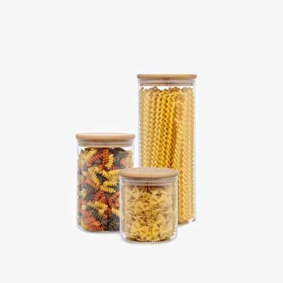 Custom size and label clear 16oz glass canisters with wood lids for pantry