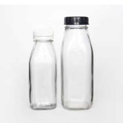 Custom label clear square 16oz glass dairy bottles with tamper evident caps