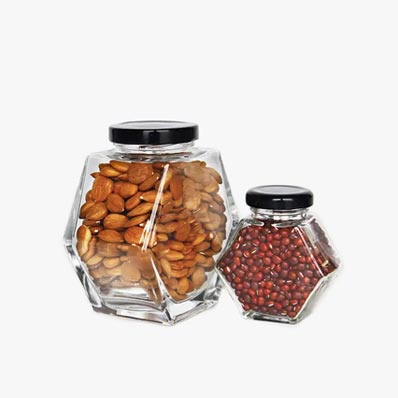 Unique shape clear small 3oz glass hexagon food jars with lids bulk