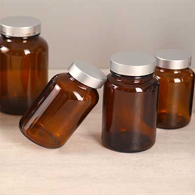 Wide mouth 2oz 4oz amber glass pill bottles with aluminum lined caps