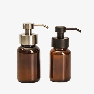 High quality 250ml amber glass soap bottle with metal dispenser for hand sanitizer/soap/liquor liqui