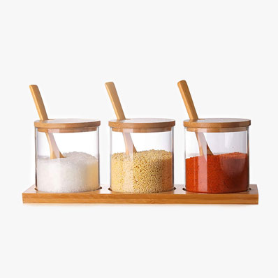 Wholesale clear 8oz glass spice jar with wooden lid and spoon