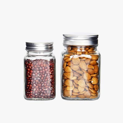 Factory price 12oz glass square storage jar with aluminum lid wholesale