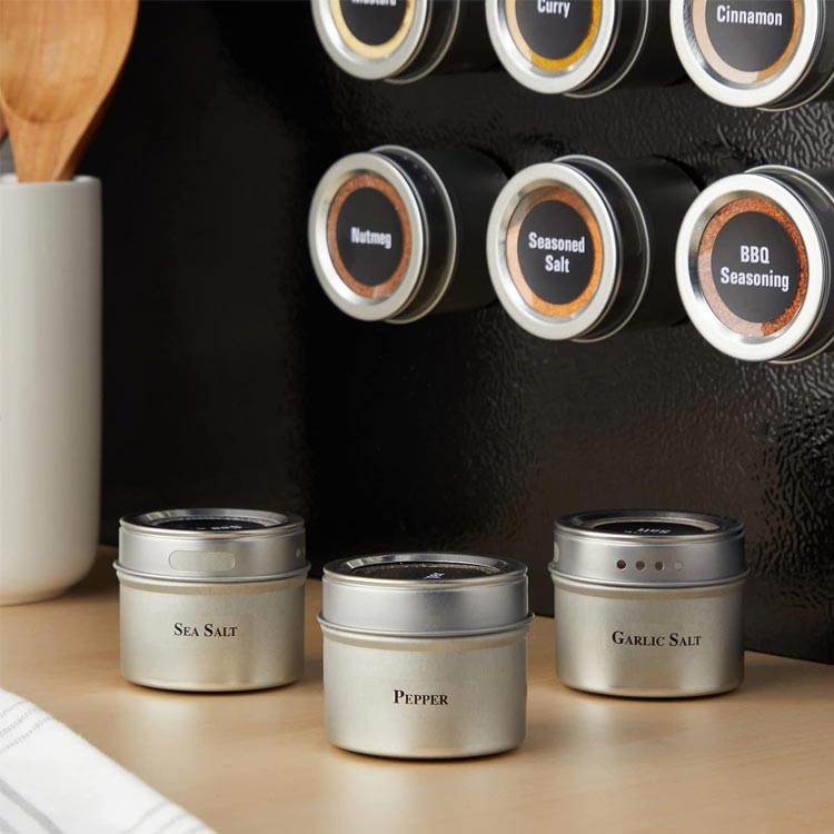 Rust free 90g stainless steel magnetic spice jar with shaker lids and labels