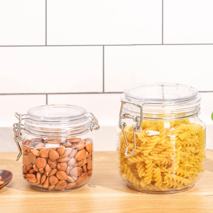 Wide mouth clear 750ml plastic airtight jars with hinged lids