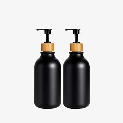 Custom empty 500ml black plastic bamboo pump bottle for Kitchen & Bathroom