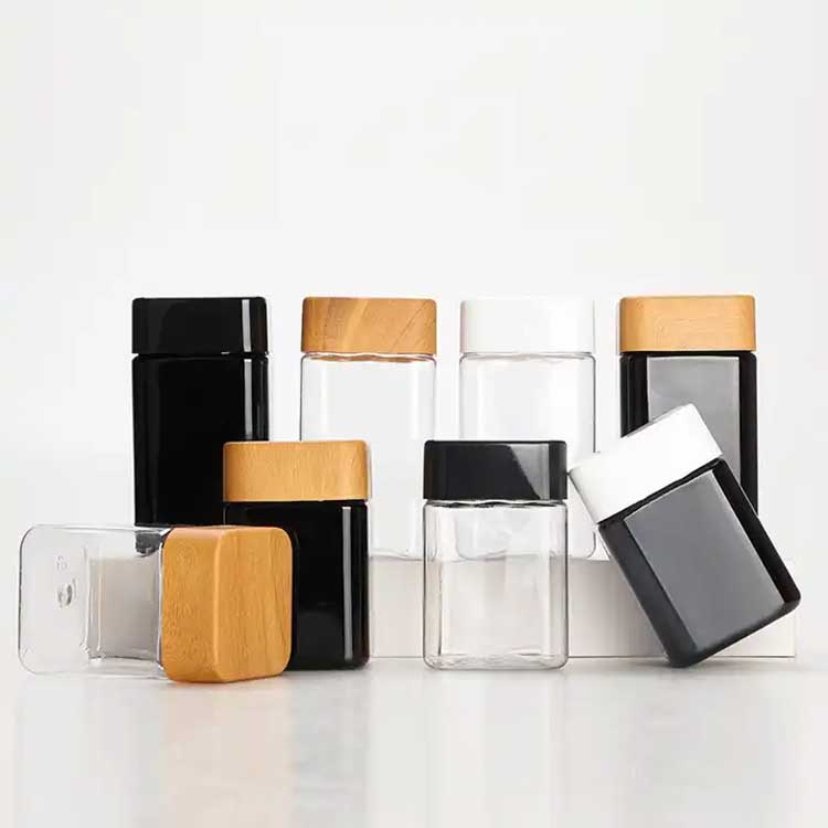 Factory price clear square 350ml 500ml plastic biscuit jars with bamboo lids